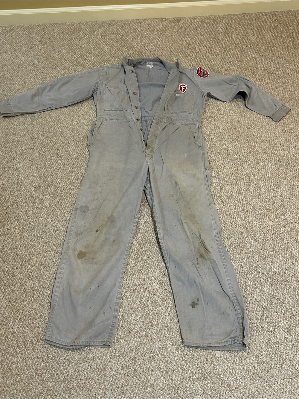 Vintage Lee Union‑Alls Grey Firestone Service Coverall Sanforized Worn w/ Holes